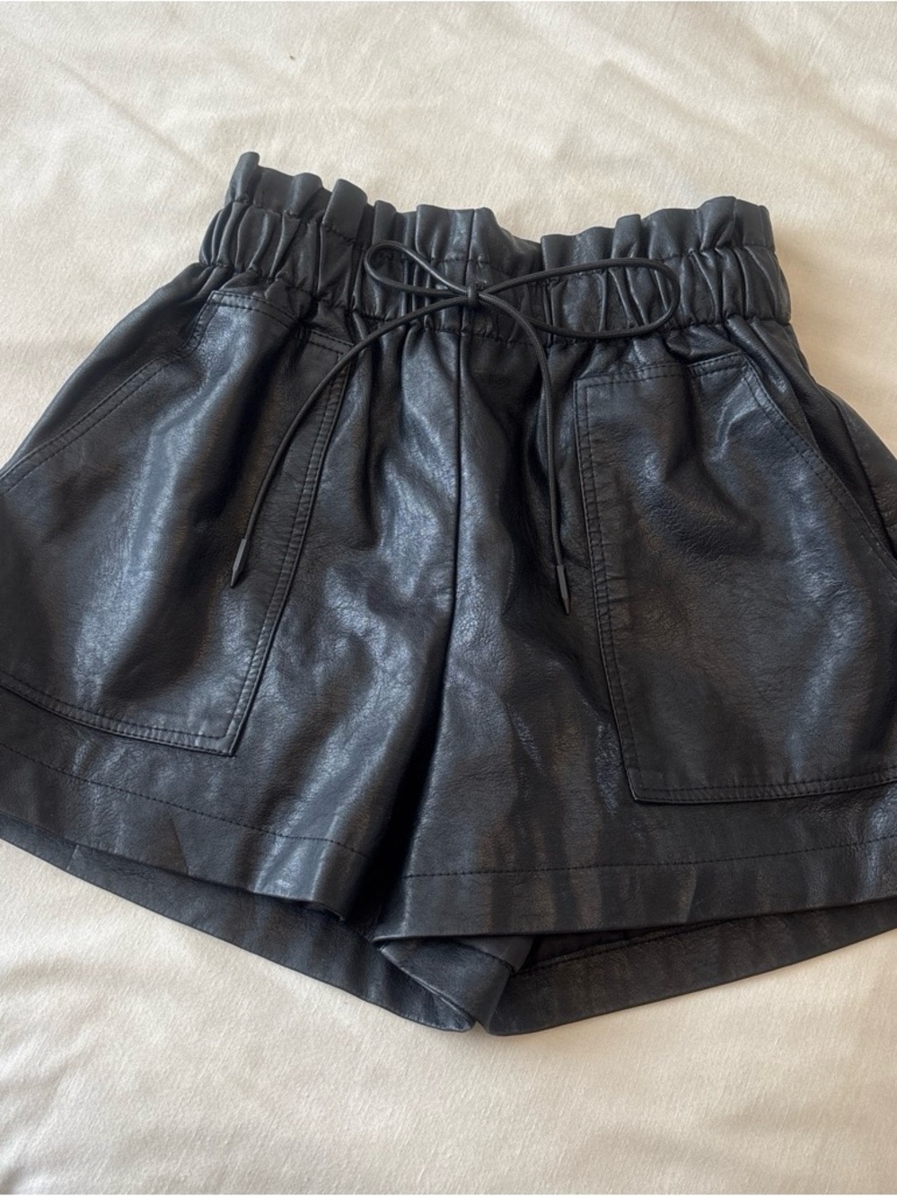 Amazon Essentials Black Faux Leather Paperbag Waist Shorts